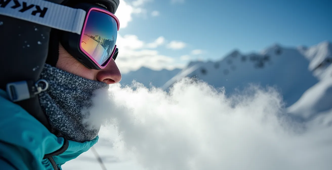 Vue macro de la respiration d'un skieur dans l'effort en poudreuse profonde