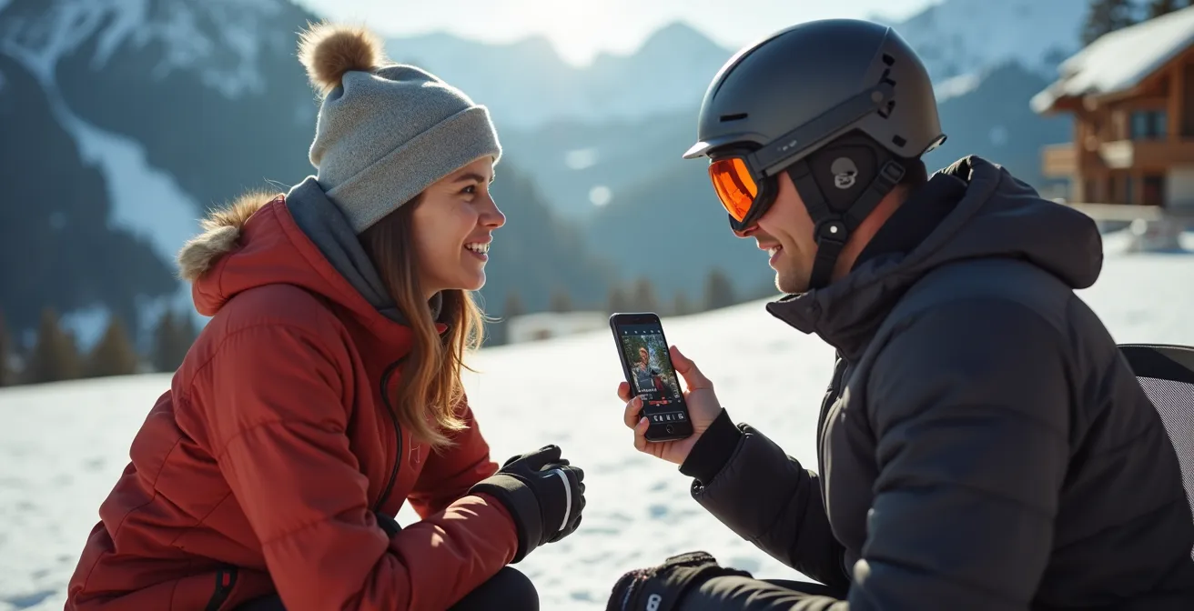 Skieur montrant une vidéo sur téléphone à un moniteur avant le début du cours sur une terrasse de station