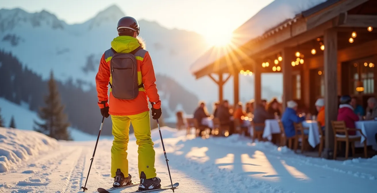 Skieur observant une terrasse ensoleillée de restaurant d'altitude à midi