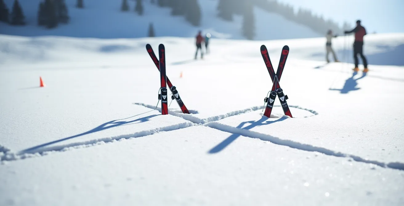 Skis plantés en croix dans la neige pour signaler un accident sur une piste