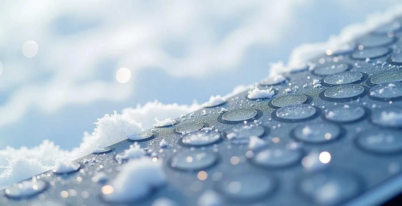Détail macro des écailles d'un ski de fond posé sur une neige cristalline, montrant la texture anti-recul.