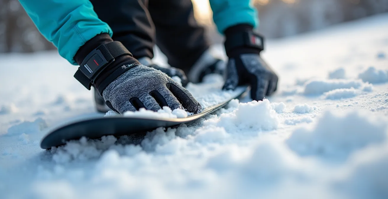 Snowboarder démontrant la technique de relevé à quatre pattes sur la neige