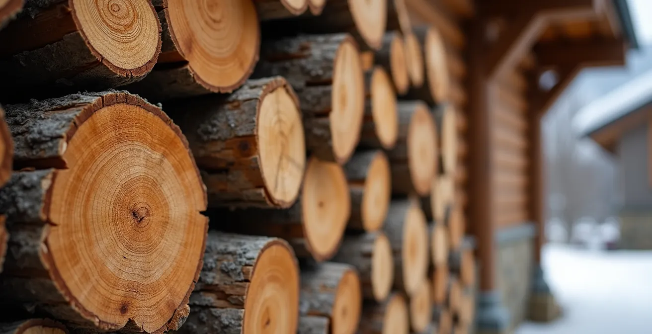 Bois de chauffage empilé sous un abri près d'un chalet de montagne