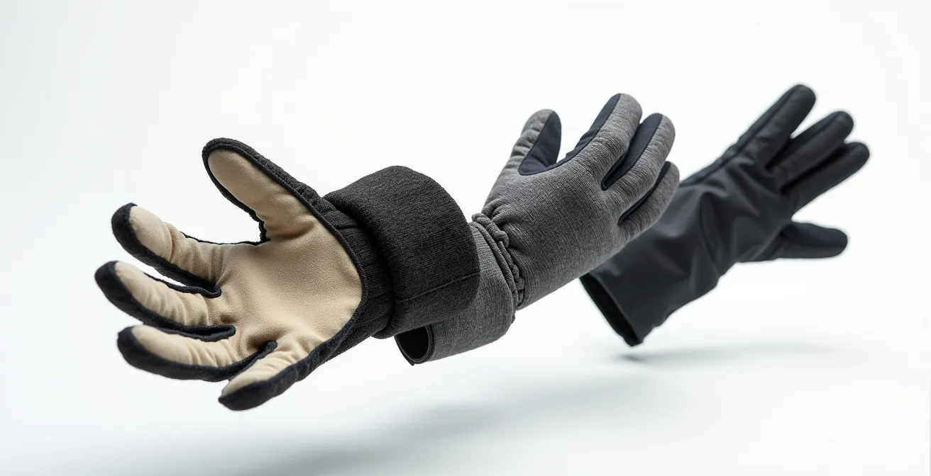 Système de gants en trois couches superposées montrant sous-gant, gant principal et sur-moufle