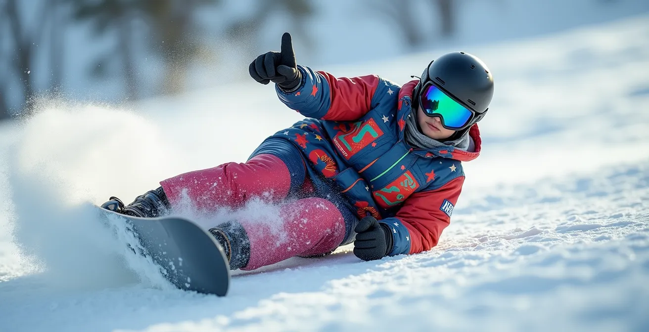 Démonstration de la technique de chute en snowboard avec les poings fermés près du corps