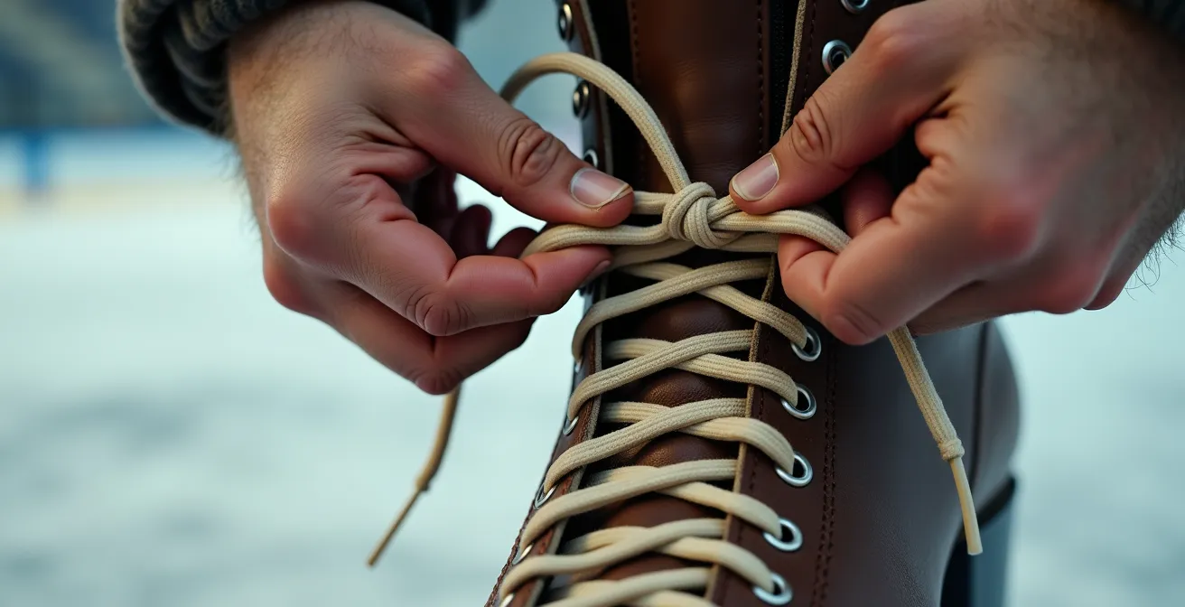 Gros plan sur des mains laçant des patins avec trois zones de serrage visibles