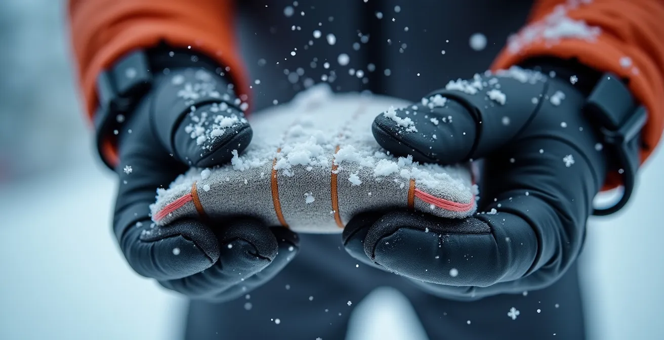 Gros plan sur les mains d'un skieur manipulant une peau de phoque avec une technique de pliage protégée du vent.