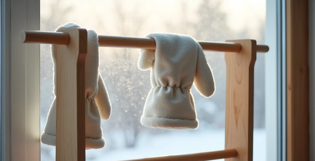Gants de ski retournés avec papier journal froissé à l'intérieur pour absorption de l'humidité