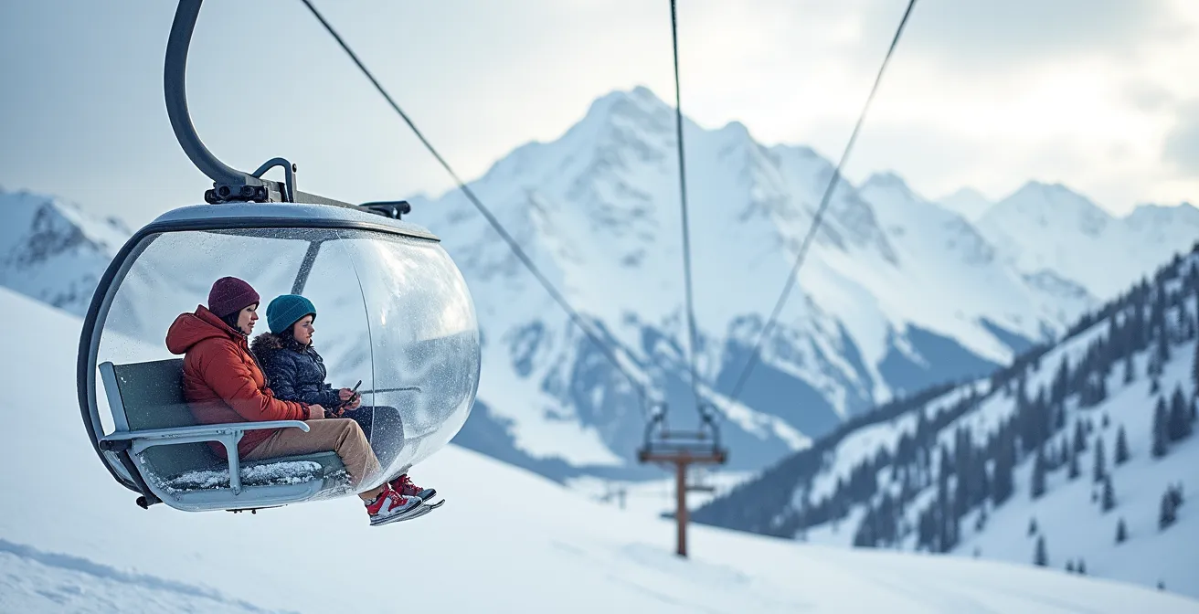 Télésiège débrayable moderne avec bulles de protection abritant une famille du vent et du froid
