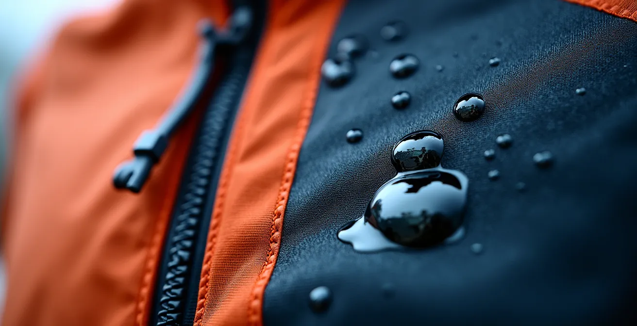 Test de la goutte d'eau sur tissu technique montrant la déperlance