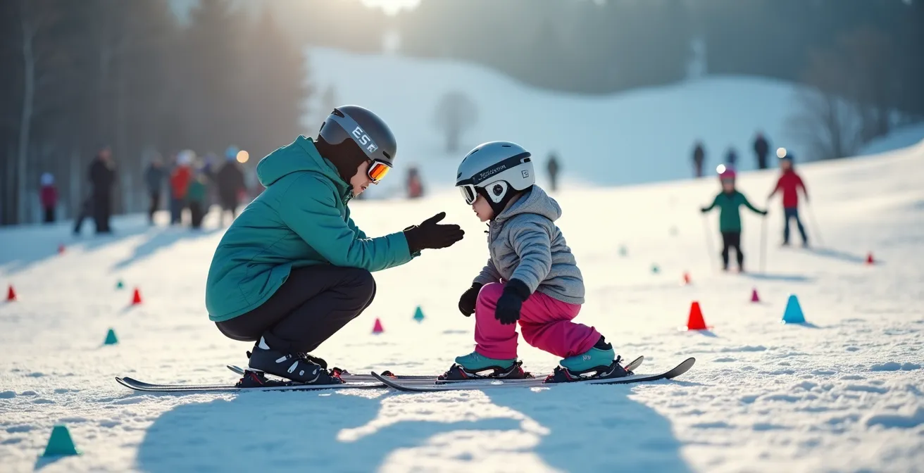 Moniteur ESF évaluant le niveau d'un enfant sur une piste école avec cônes colorés