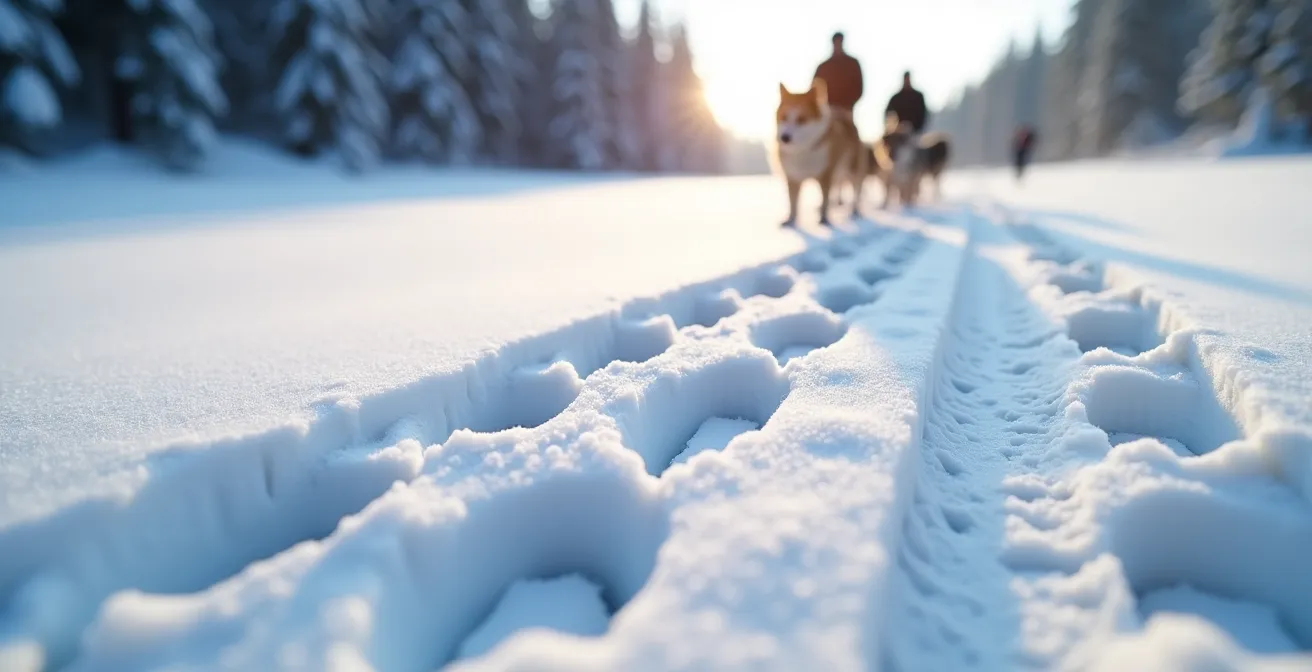 Traces d'animaux dans la neige fraîche avec perspective de traîneau en arrière-plan