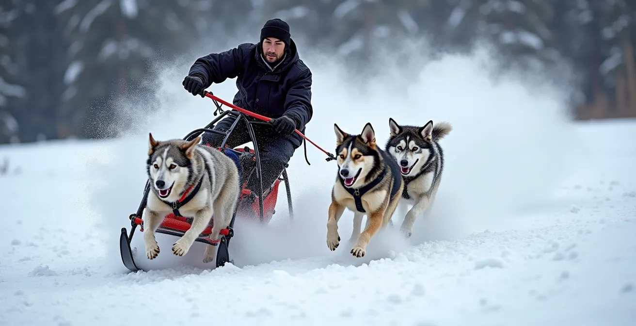 Vue latérale d'un traîneau prenant un virage sur terrain vallonné avec projection de neige