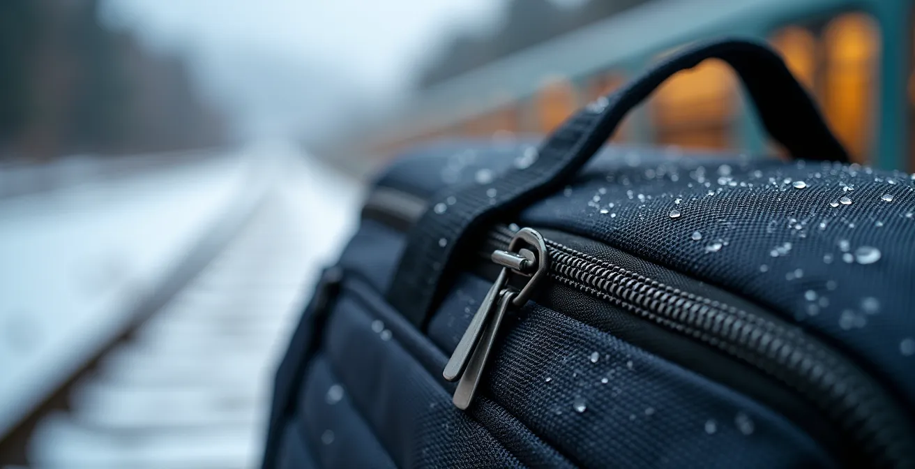 Housse de transport pour skis posée sur un quai de gare avec train en arrière-plan