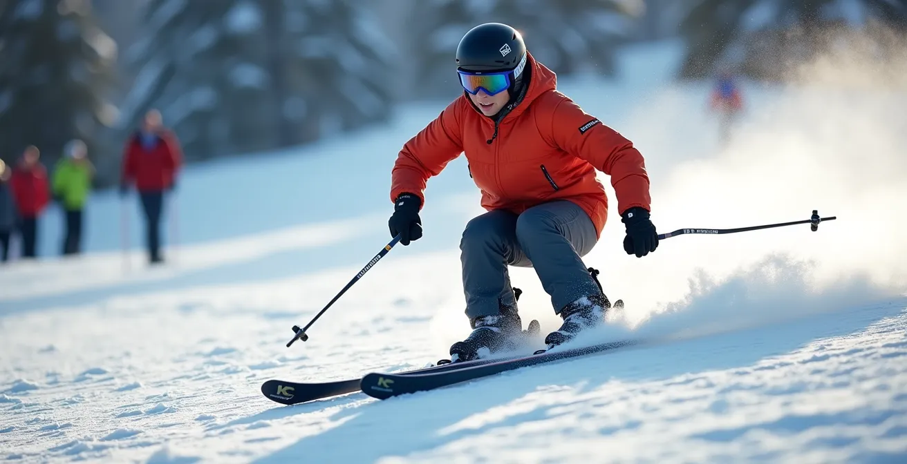 Skieur en action montrant les vibrations de la spatule sur piste damée