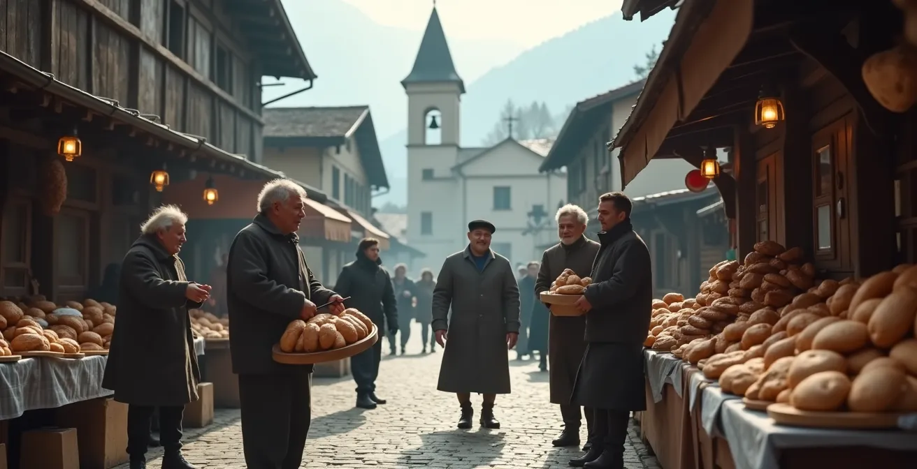 Ruelle de village montagnard au petit matin avec habitants locaux au marché