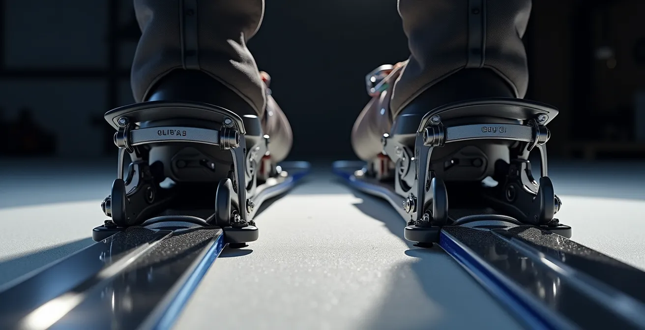 Vue arrière de fixations de ski avec stops-skis déployés montrant différentes largeurs