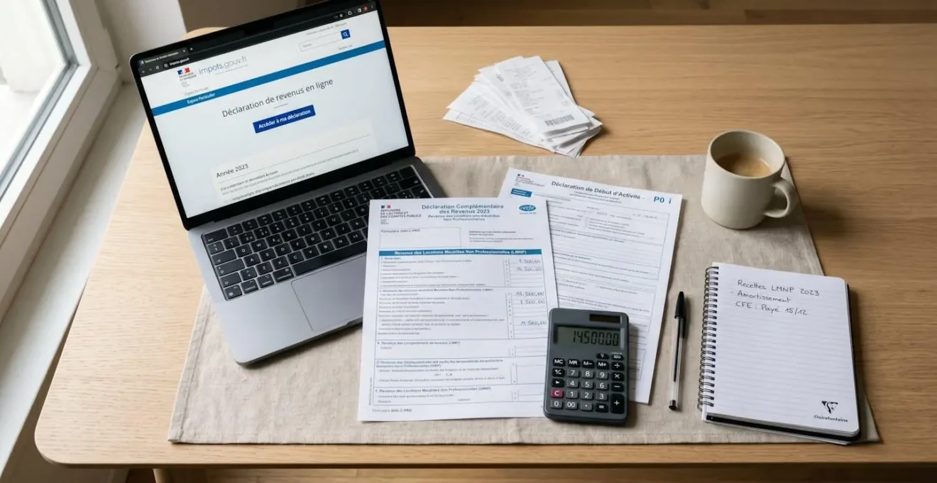 Bureau avec documents fiscaux LMNP officiels français, formulaire 2042-C-PRO de déclaration revenus locatifs meublés, calculatrice et ordinateur ouvert sur interface impots.gouv.fr