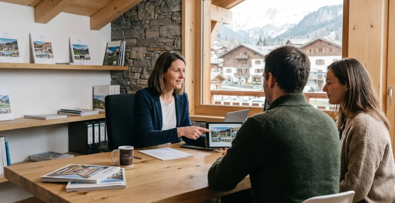 Conseillère d'agence immobilière locale montrant des biens sur tablette à des clients dans bureau d'agence à La Clusaz avec vue sur village et montagnes en arrière-plan