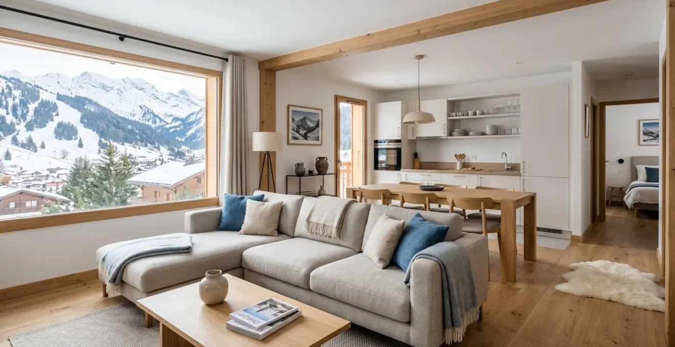 Intérieur lumineux d'un appartement T2 de standing à La Clusaz avec salon-séjour, cuisine ouverte et grande baie vitrée offrant vue sur les montagnes enneigées