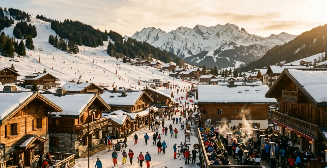 Vue panoramique du village de La Clusaz en hiver avec chalets traditionnels au premier plan et pistes de ski enneigées sous lumière dorée de fin d'après-midi, massif des Aravis en arrière-plan