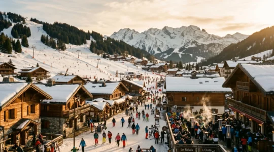 Vue panoramique du village de La Clusaz en hiver avec chalets traditionnels au premier plan et pistes de ski enneigées sous lumière dorée de fin d'après-midi, massif des Aravis en arrière-plan